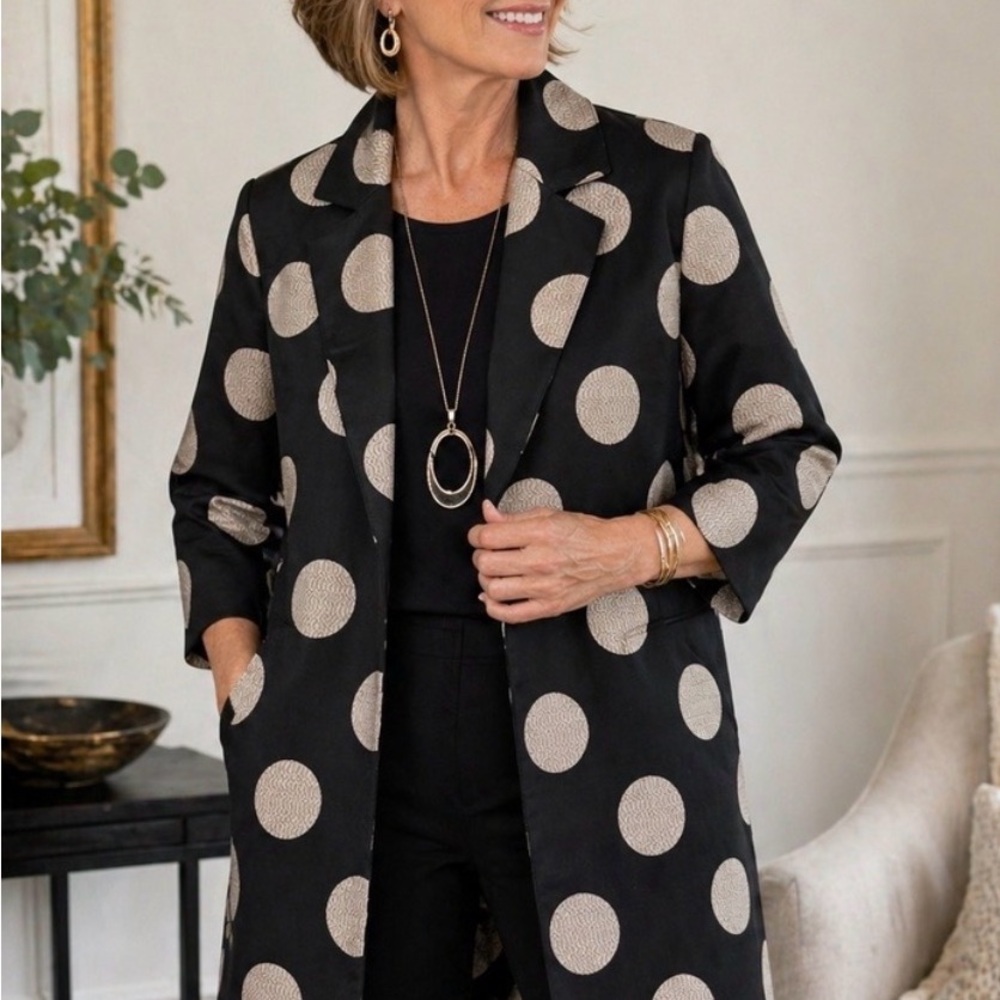 Chico's Black Polka Dot Jacquard Topper Jacket Size 2.5